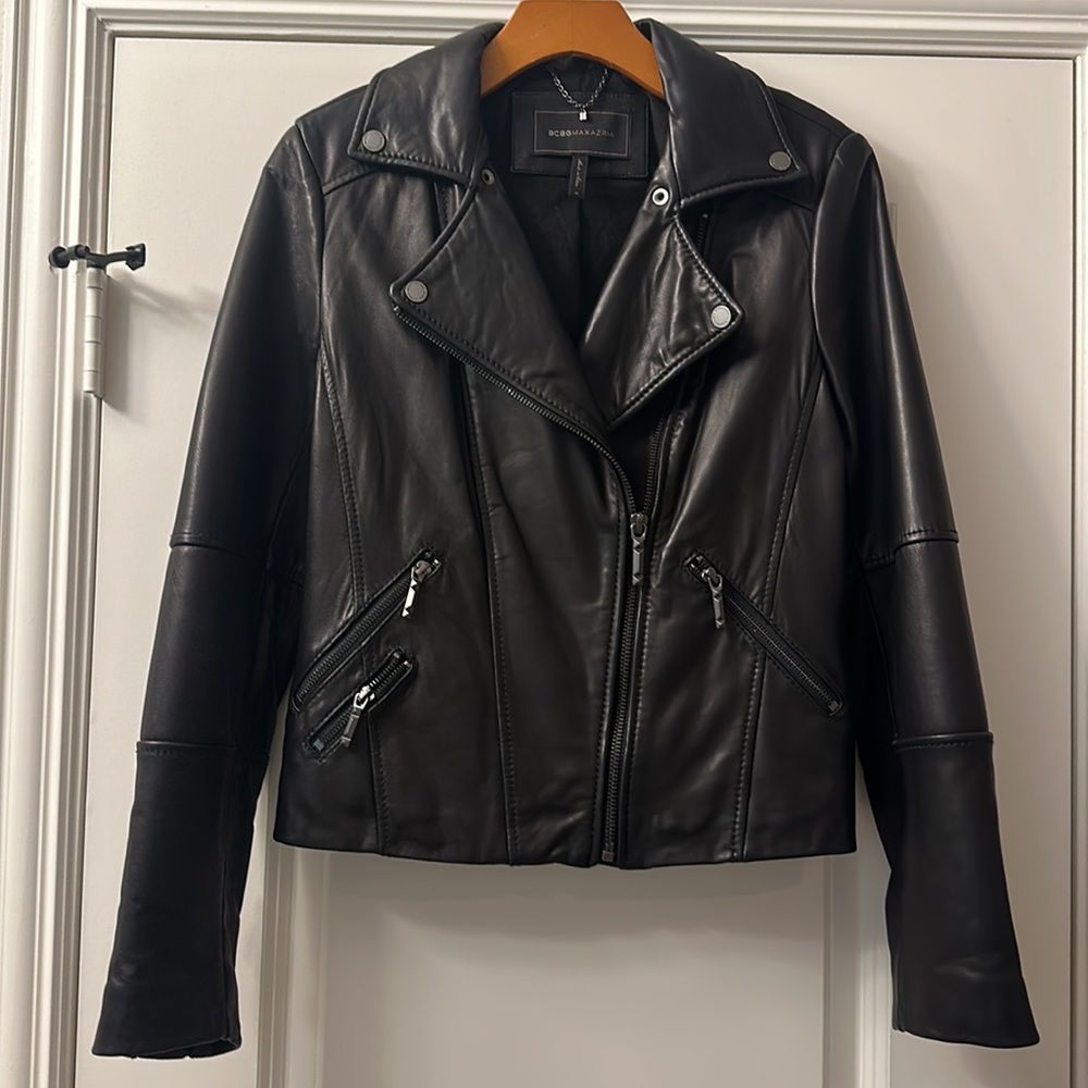 BCBG Maxazria Black Leather Jacket, Size M